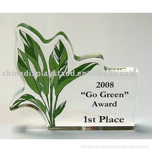 lucite green plant trophy display stand